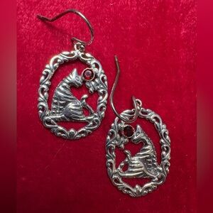 Earrings 925 Sterling Silver Cat Earrings with Garnet Accents Hanging Dangle
